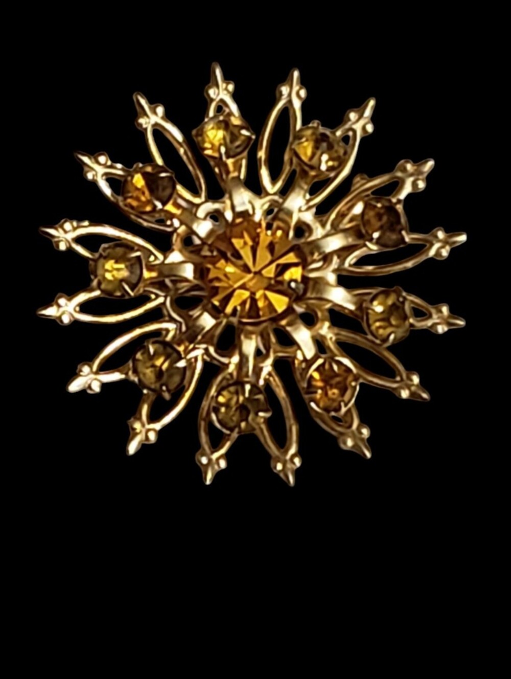 Vintage Coro Sunburst Brooch Pin Amber Gold Tone